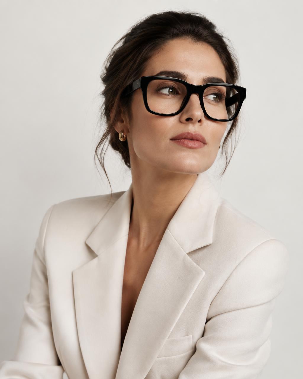 Mulher com blazer claro usando óculos de acetato preto
