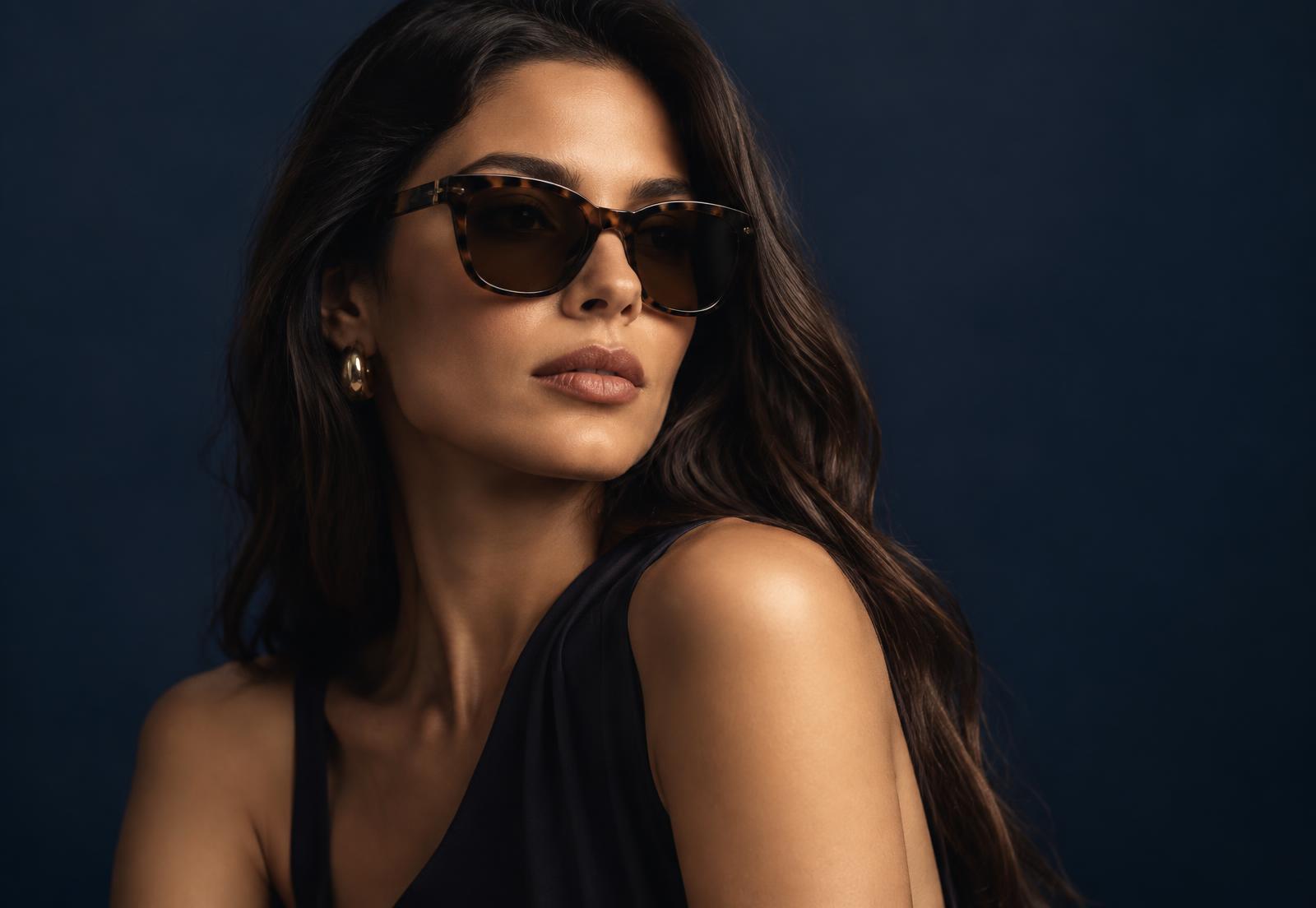 Mulher usando óculos de sol de acetato tartaruga