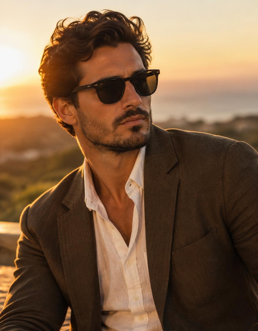 Homem usando óculos de sol ao pôr do sol
